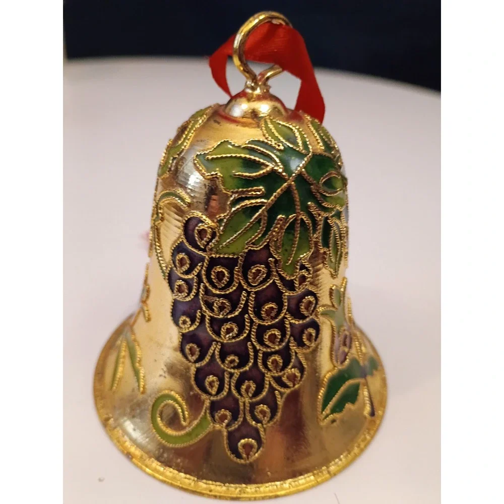 Vintage Cloisonne Enamel Bell Ornament Gold Tone Purple Grape Vine Decoration